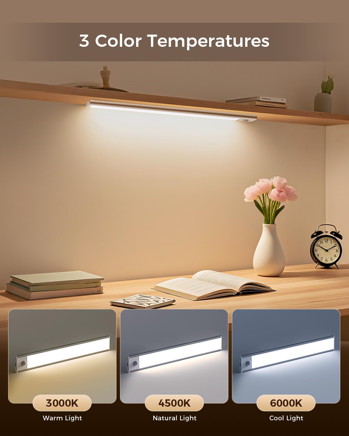 2 Pack 11.8" Motion Sensor Cabinet Light, under Cabinet Lighting with 4 Modes (Auto Night/Day/Always On/Off), 3 CCT & Stepless Dimming, USB Type-C Charging, for Kitchen, Stairs